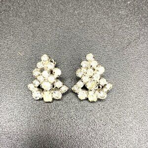 Vintage 50s 60s MCM Rhinestone Inverted Triangle Drop Clip-On Earrings, Bridal